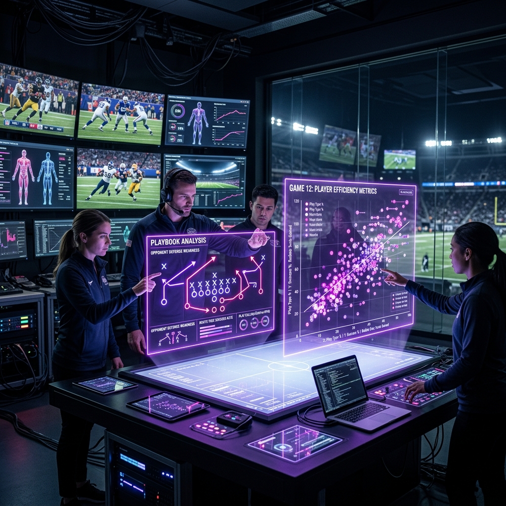 Temporary Dynastyzer analytics artwork showing a football strategy analysis room